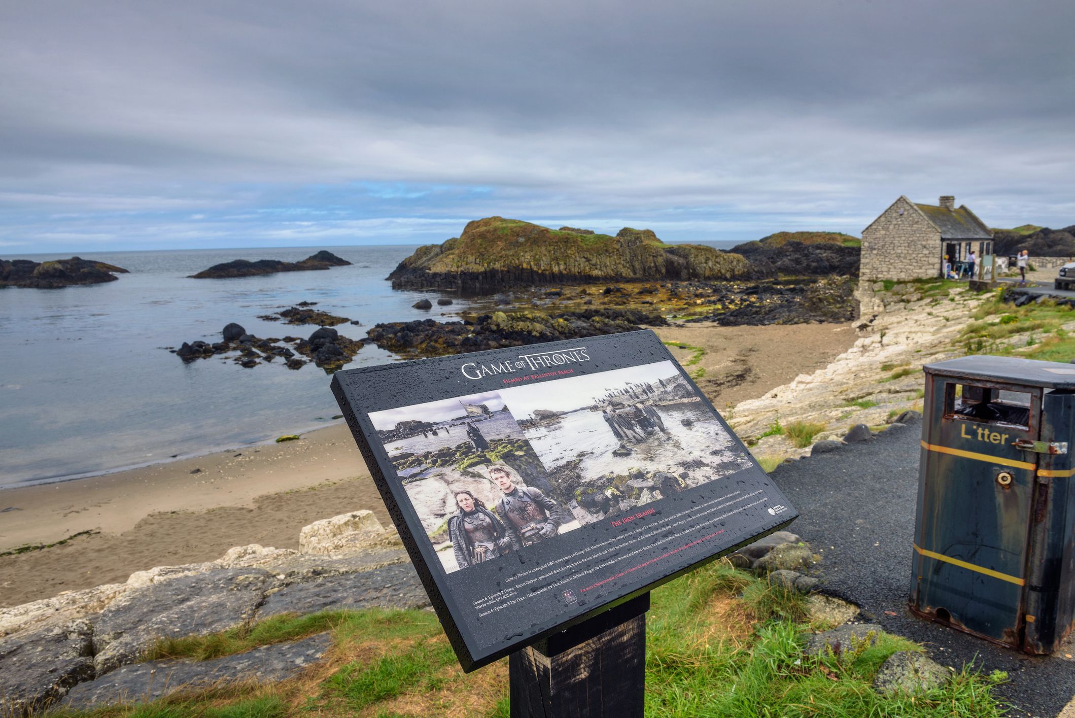 A tourist sign with information about Game of Thrones on the County  Antrim coast
