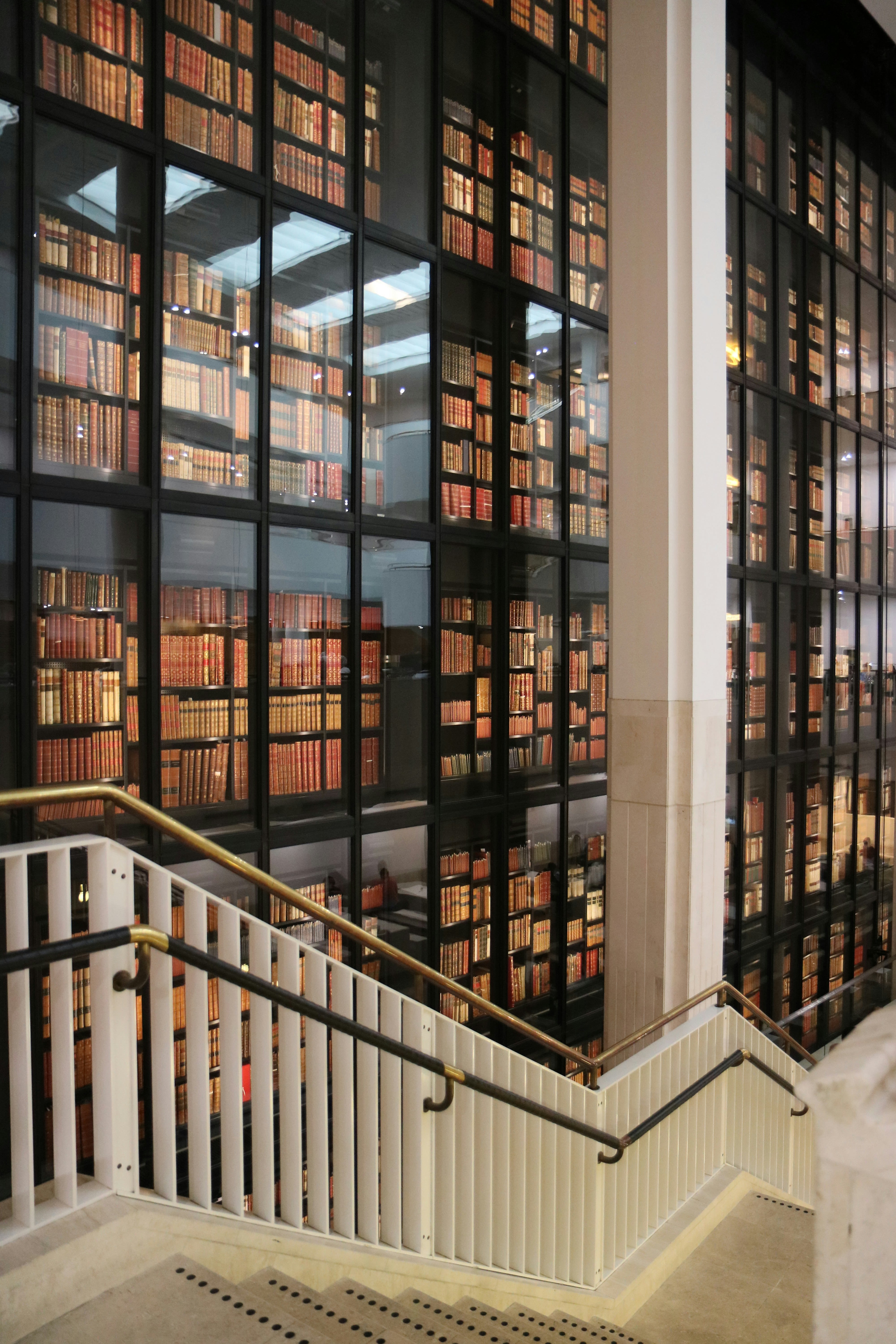 A staircase at the British Library showing a glass wall filled with lots of old books