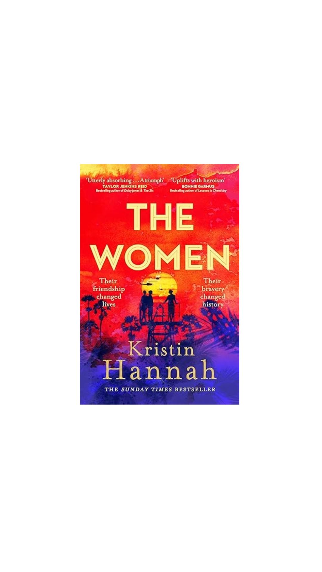 A bright yellow and orange cover, like a sunset shows the outline of some people on a watch tower