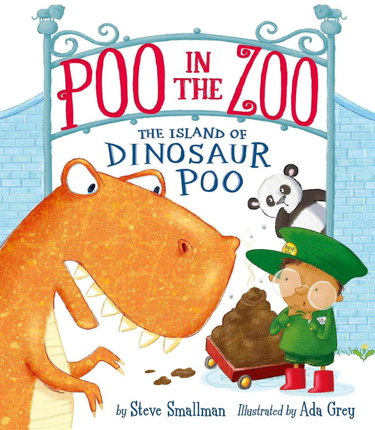Poo in the Zoo cover shows a dinosaur a panda and a zoo keeper